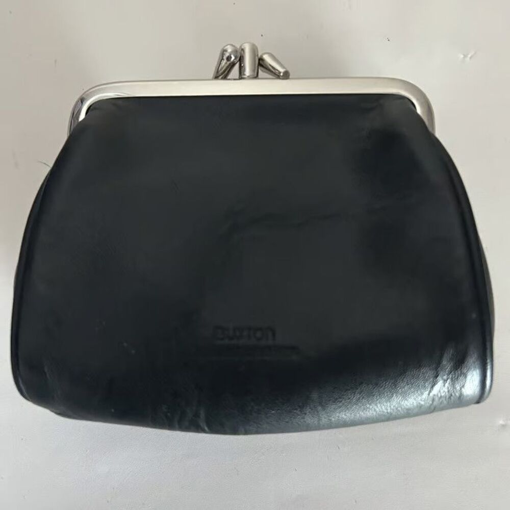 Buxton Genuine Leather Coin Purse Black Kiss Lock Clasp Double Frame Vintage